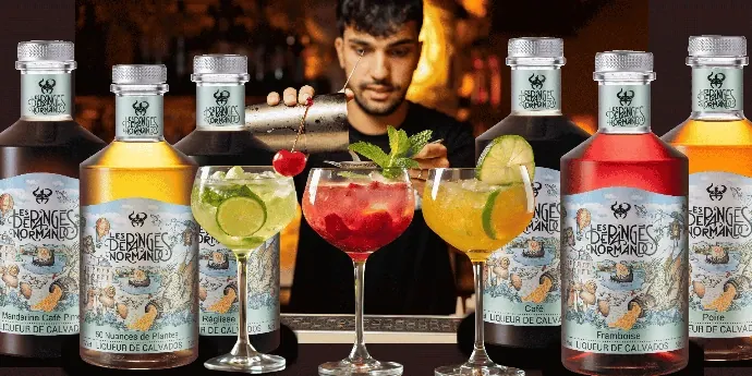 Bottles of Les Dérangés Normands ready for festive cocktails